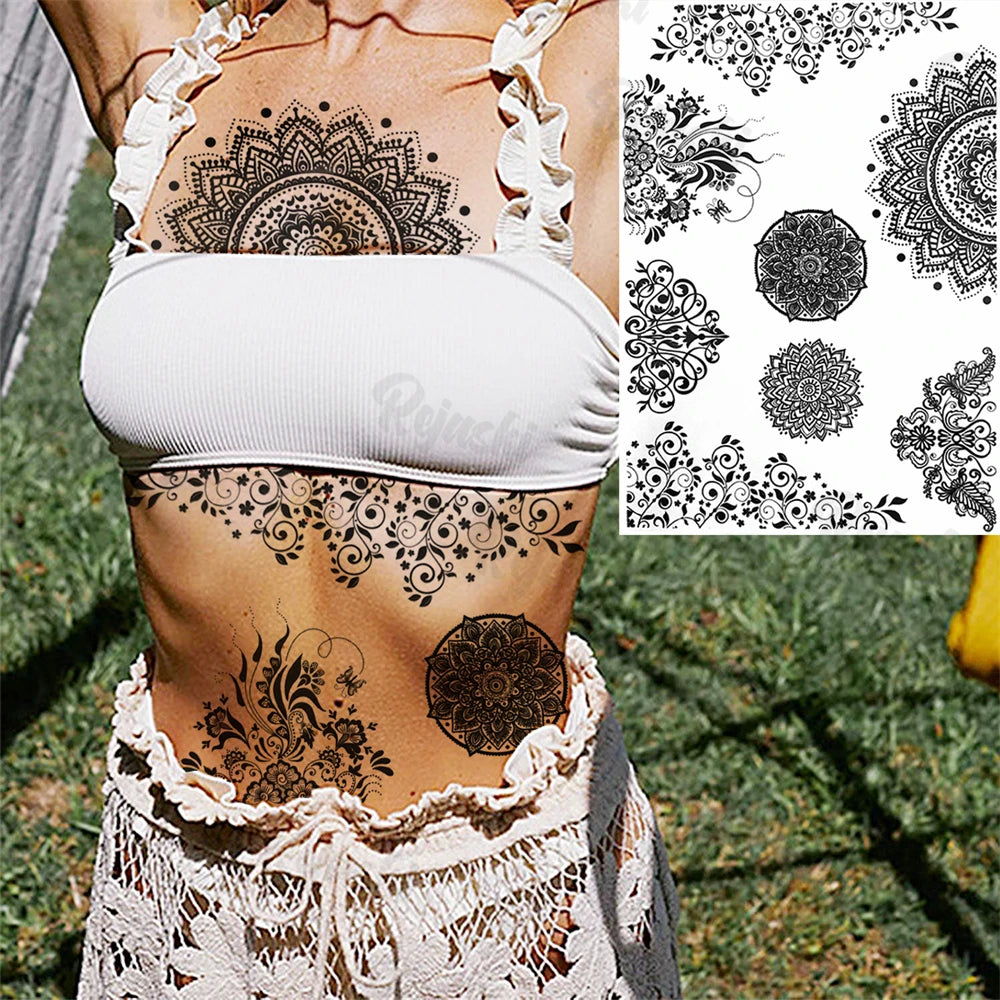 Sexy Waterproof Temporary Tattoo – Floral Mandala, Lotus & Animal Designs for Chest & Underboob