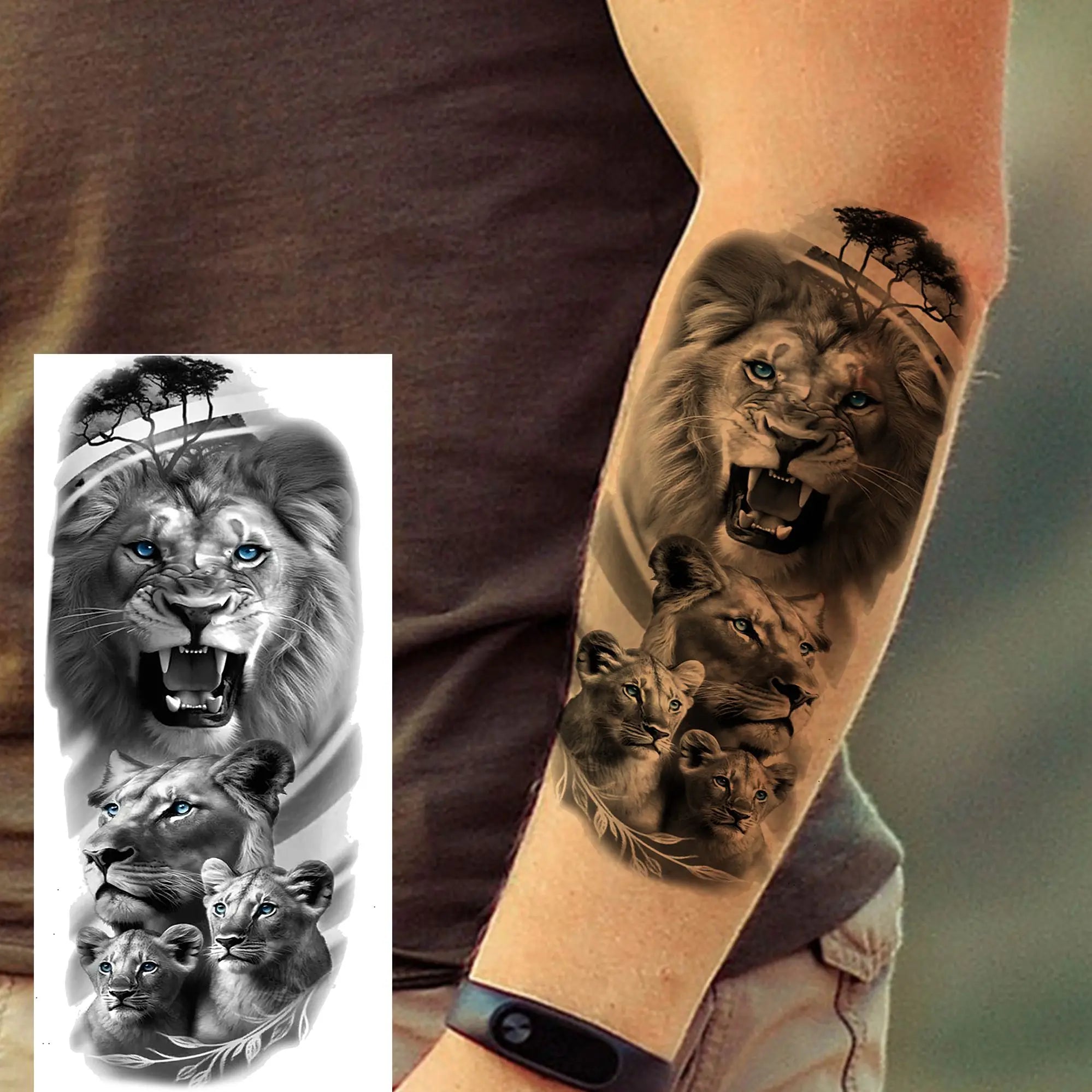 Premium Waterproof Realistic Tattoo Sticker – Majestic Lion & Tiger Designs for Arm & Leg