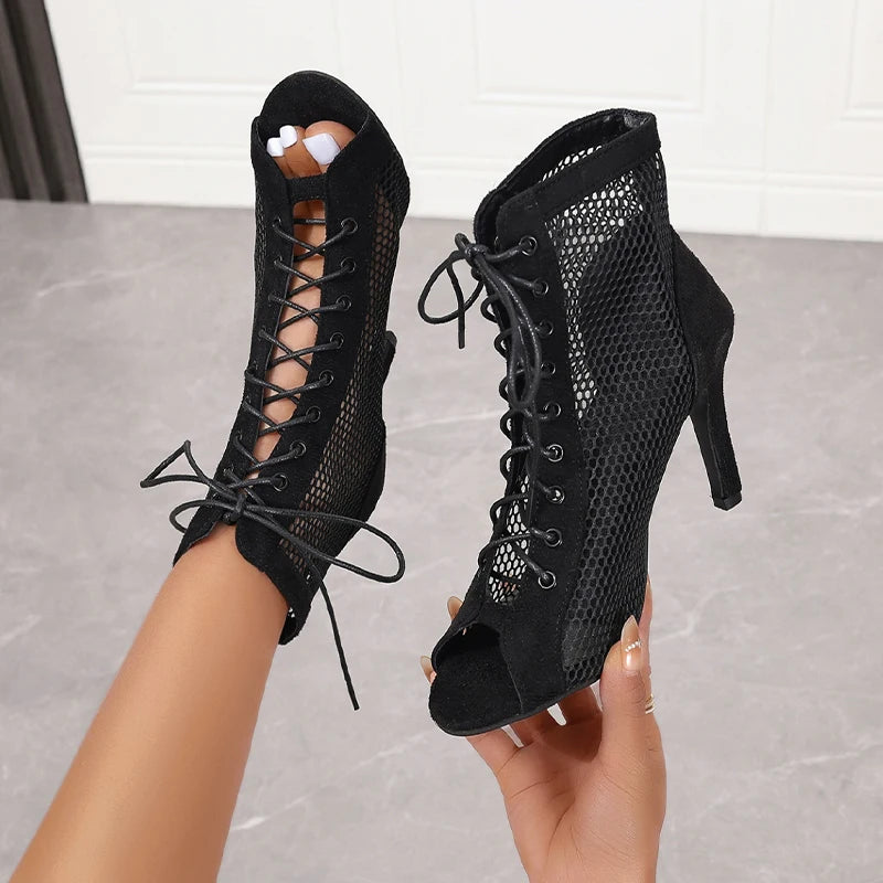 Luxe Mesh Lace-Up Sandals – Sophisticated Peep-Toe Party High