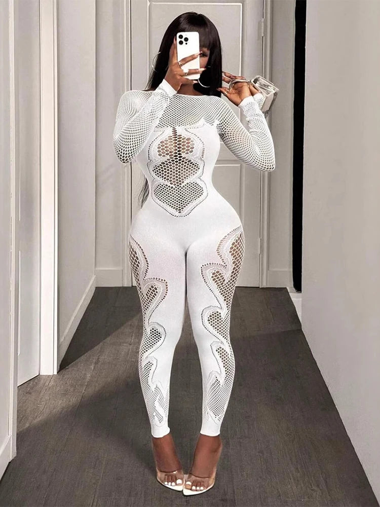 FHSEER  Sexy Jumpsuit Sheer Mesh Long Sleeve Hollow Out Bodycon High-Waist Stretchy Club Party Date Night Out Outfit
