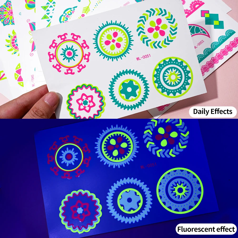 12/24pc Neon UV Glow Tattoos – Fluorescent Body & Face Stickers for Rave Parties, Music Festivals, and Nightclub Glam