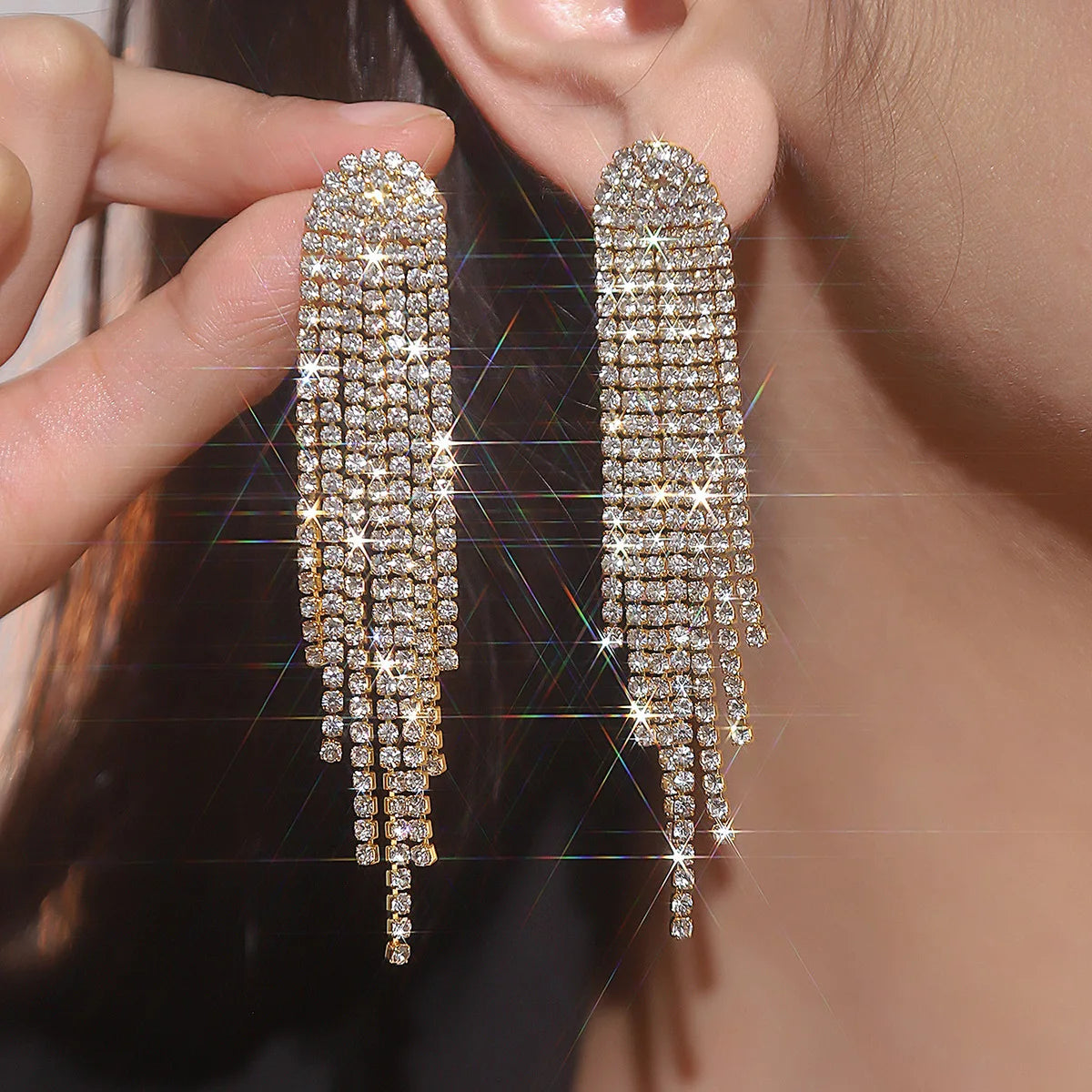 Glamorous Crystal Tassel Dangles  4 Lines Long Rhinestone Evening Earrings