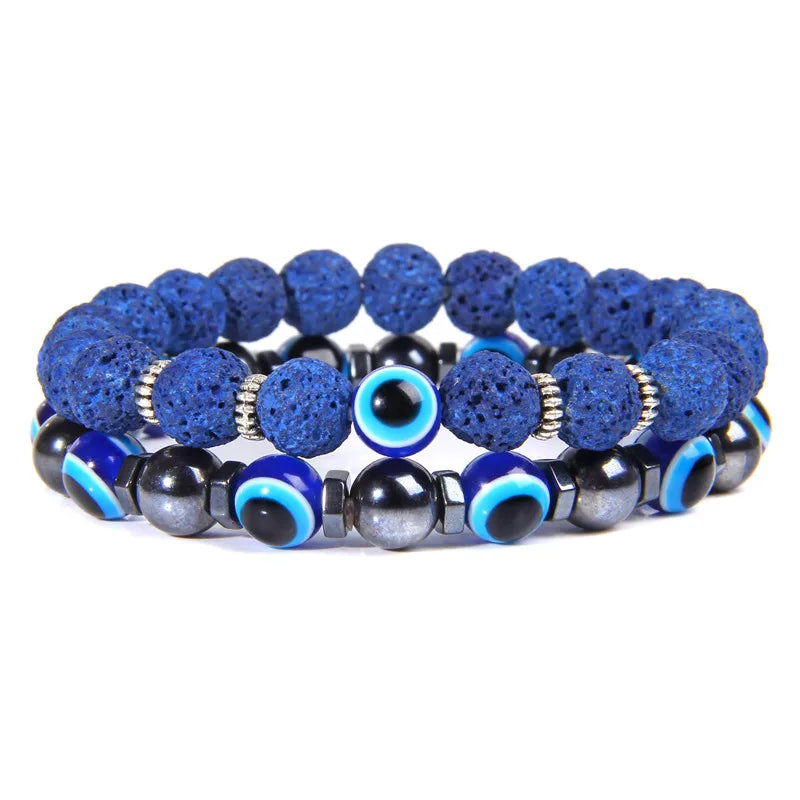 Handmade Evil Eye Natural Stone Bracelet Set – Elastic Lava Rock and Hematite Multilayer Jewelry