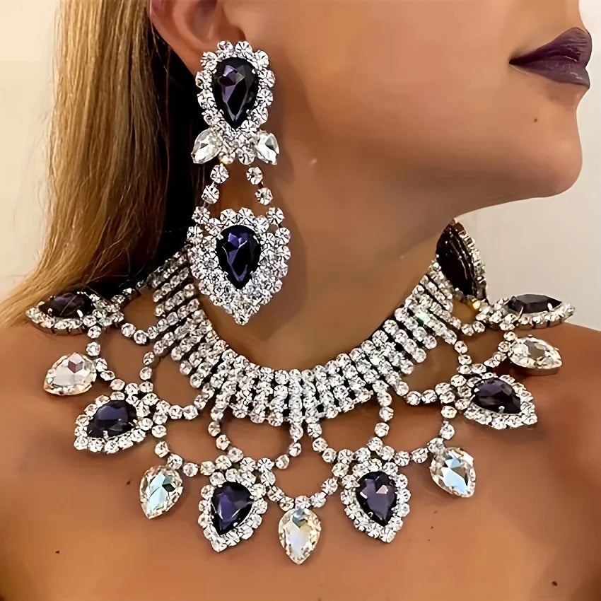 The Royal Radiance Rhinestone Set: Exquisite Hand-Crafted Statement Necklace & Earrings