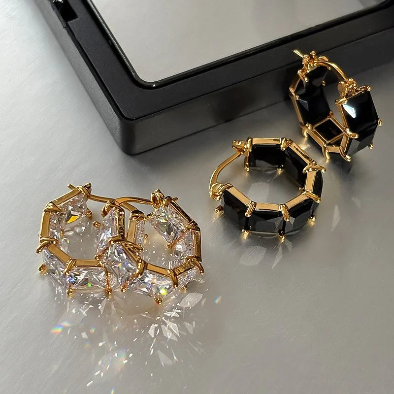 Signature Crystal Dangle Hoops – Luxurious Gold-Tone Party Earrings