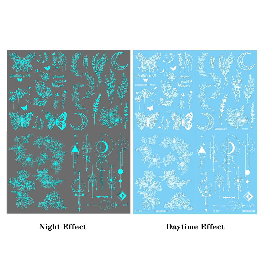 Glow-in-the-Dark Temporary Tattoo Sticker  4pcs Set – Waterproof Geometric Butterfly & Flower Designs