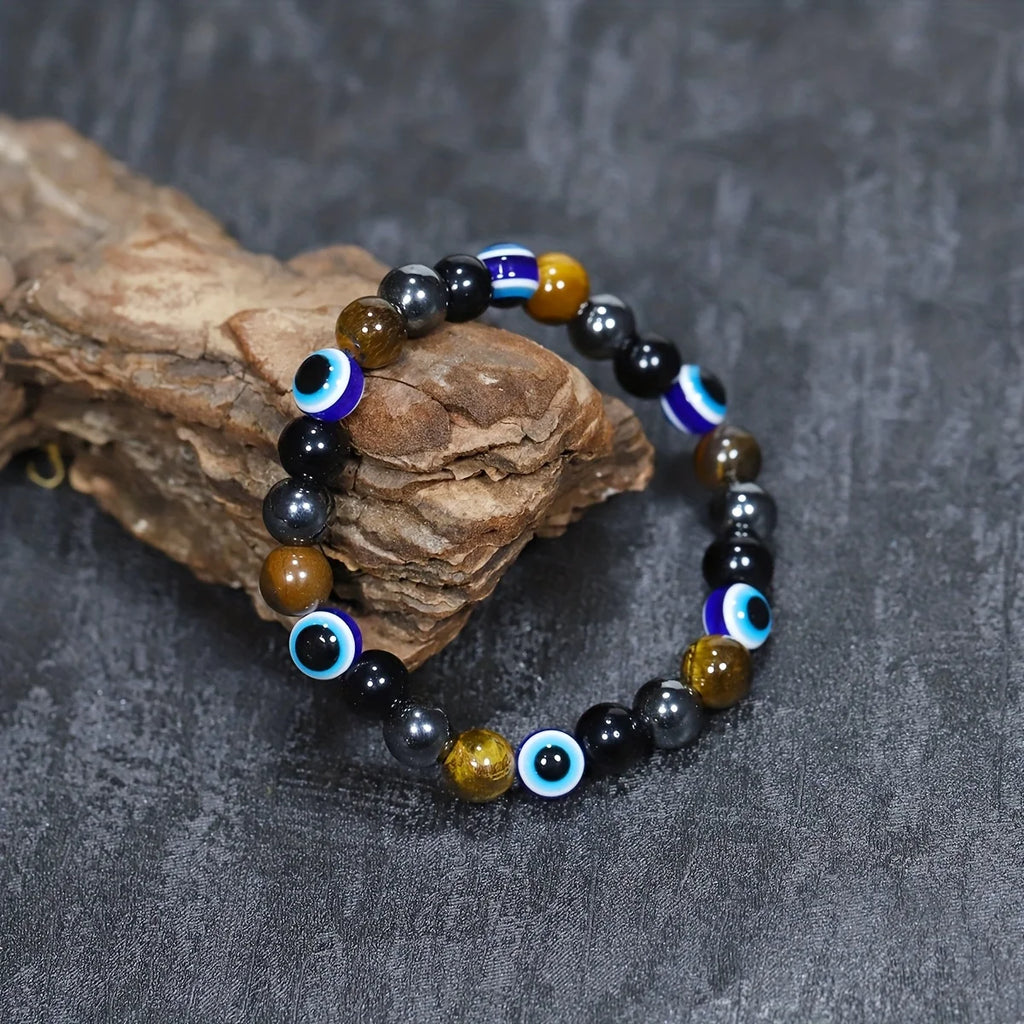 Wealth Protection Stretch Bracelet – Blue Evil Eye, Hematite, Yellow Tiger‘s Eye, Obsidian