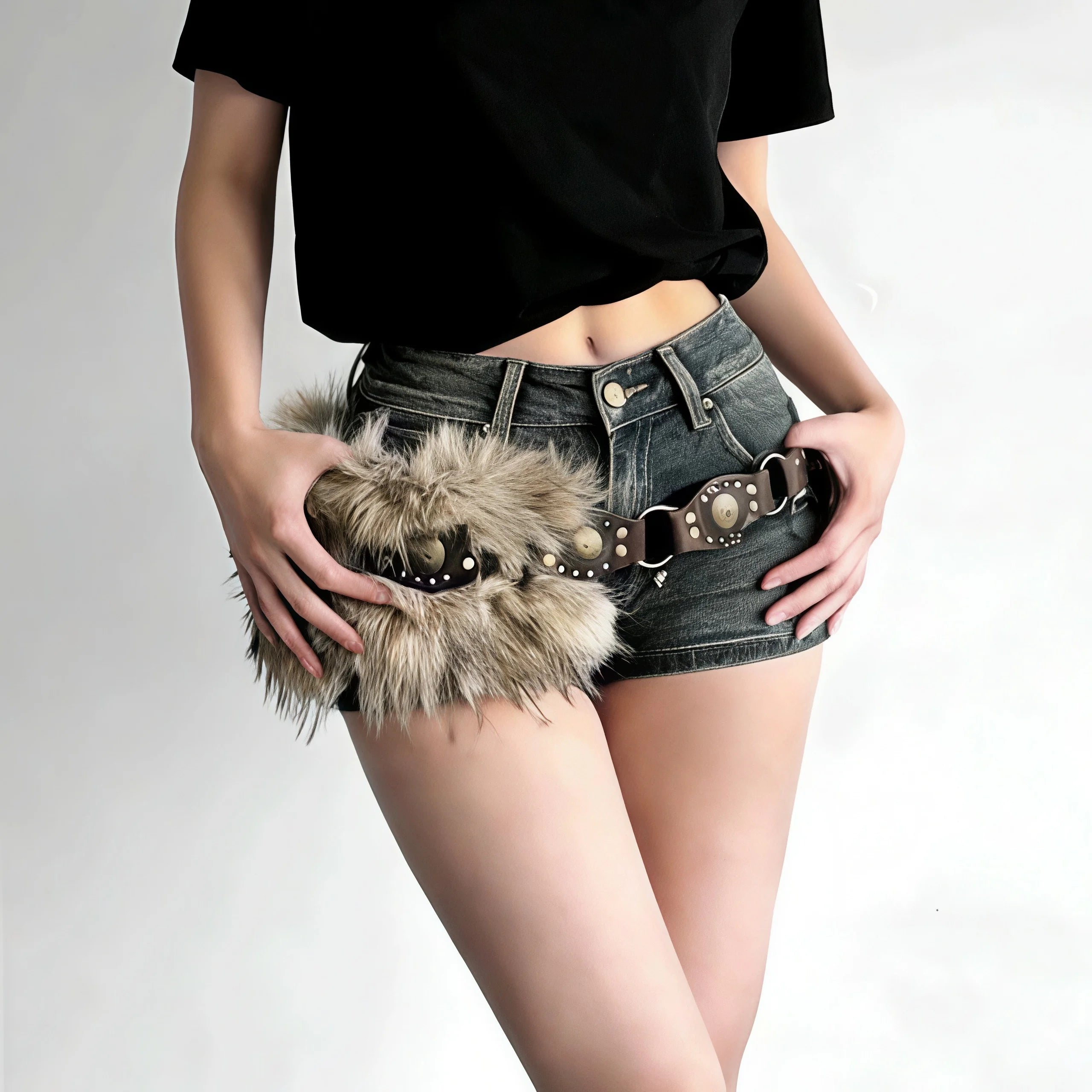 Bohemian Faux-Fur & Studded Leather-Look Belt with Antique Gold Accents