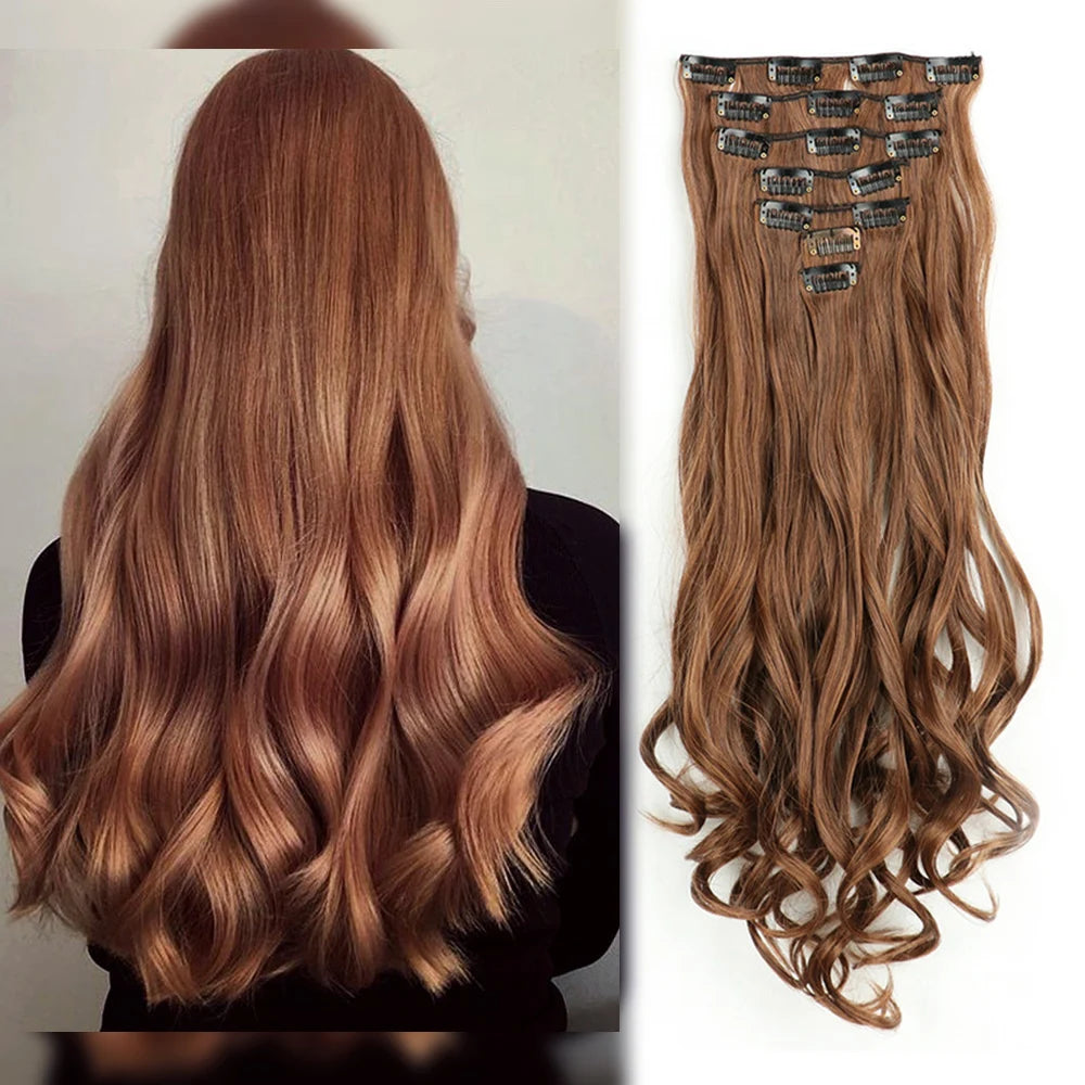 7PCS Clip-In Hair Extensions – 22 Inch Long Curly Wavy Synthetic Hair Pieces