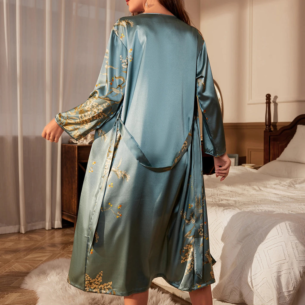Elegance in Bloom: The Cherry Print Satin Belted Robe | Four-Season Luxury Loungewear