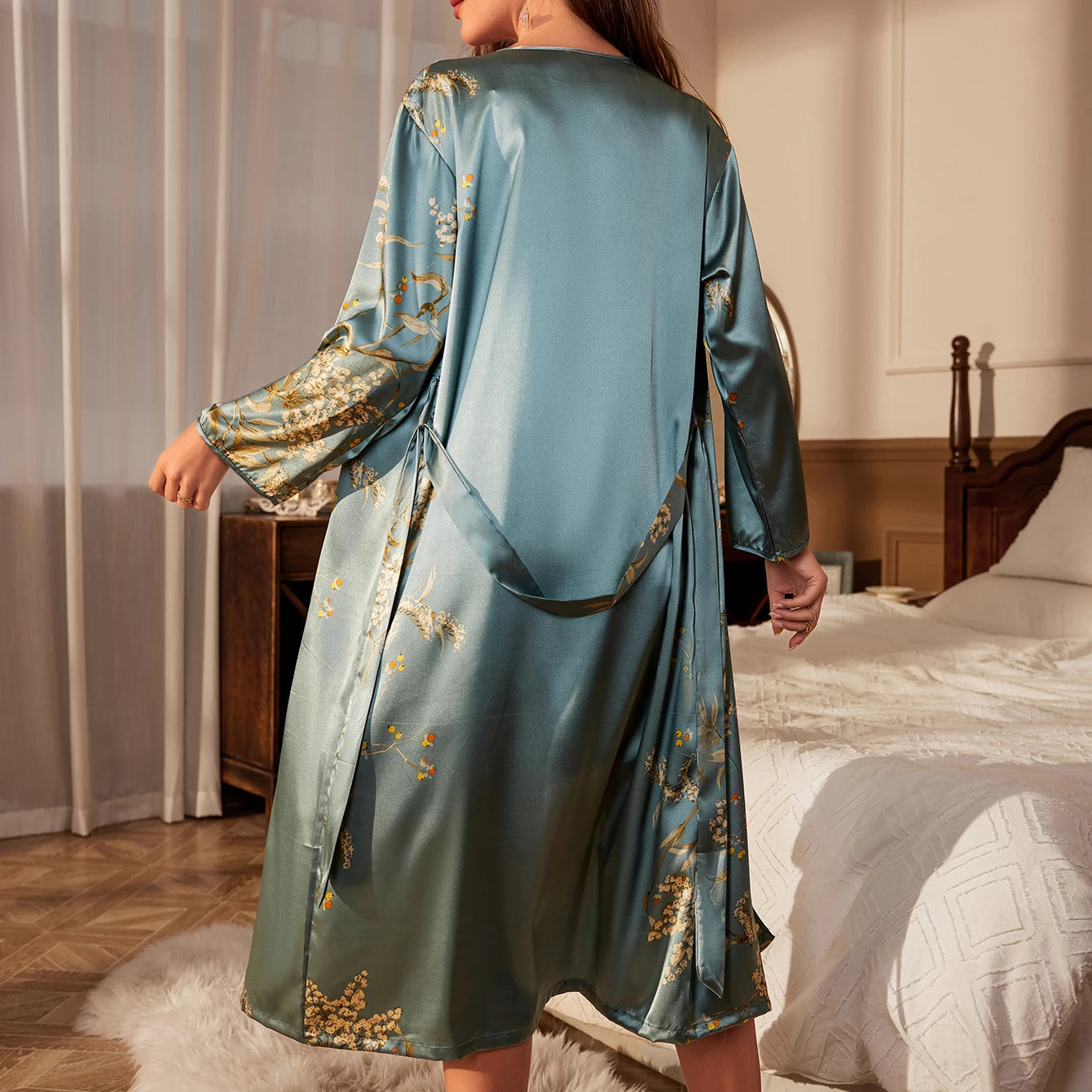 Elegance in Bloom: The Cherry Print Satin Belted Robe | Four-Season Luxury Loungewear