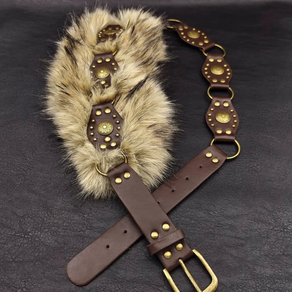 Bohemian Faux-Fur & Studded Leather-Look Belt with Antique Gold Accents