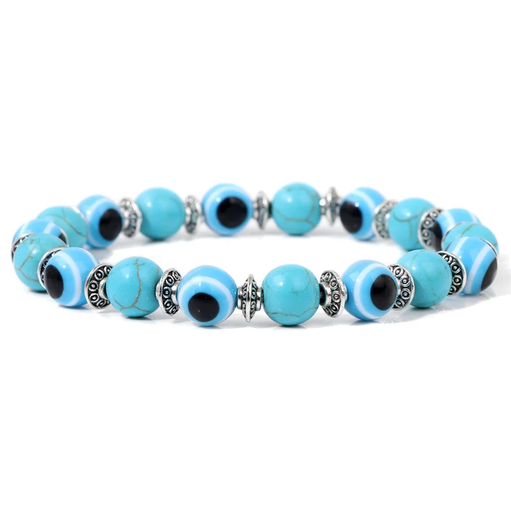 Handmade Evil Eye Natural Stone Bracelet Set – Elastic Lava Rock and Hematite Multilayer Jewelry