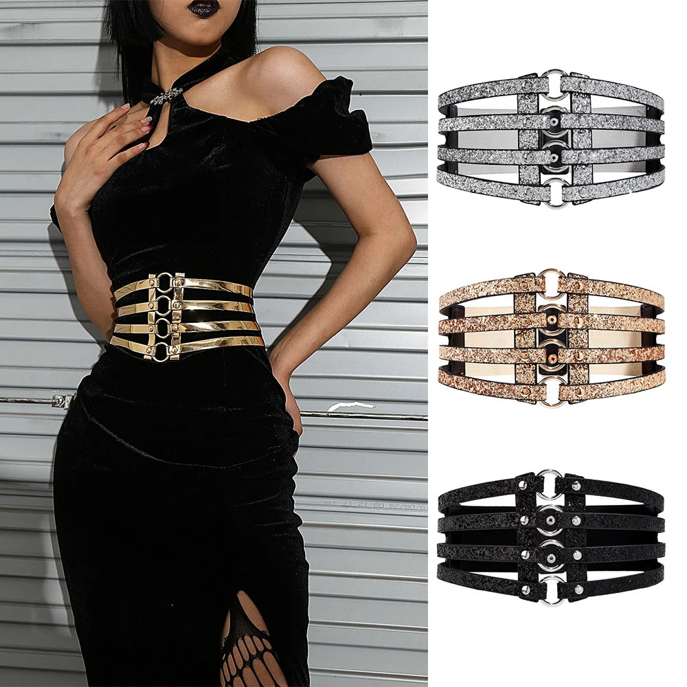 Metallic Multi-Strap Corset Waist Belt – High-Glam Elastic Cinch