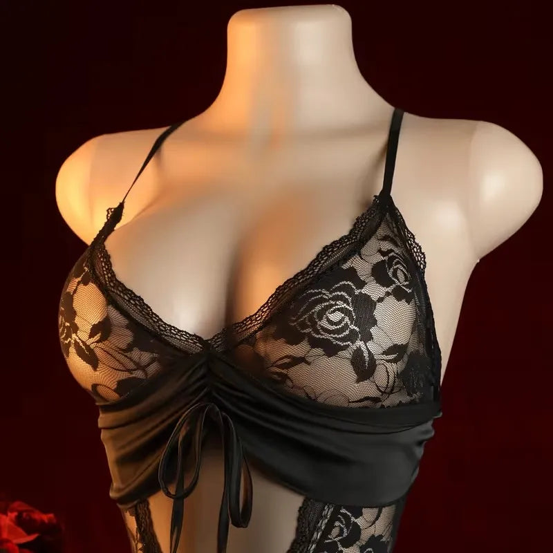 Sexy Crotchless Midnight Lace & Satin Ruffle Teddy Bodysuit