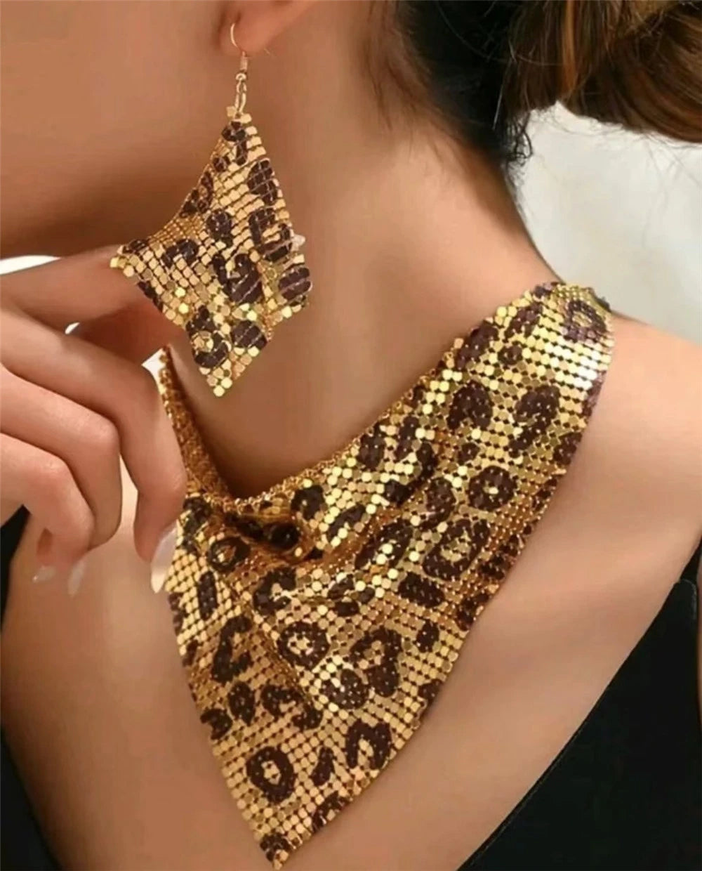 A Very Stylish leopard print bib necklace and dangle earring set