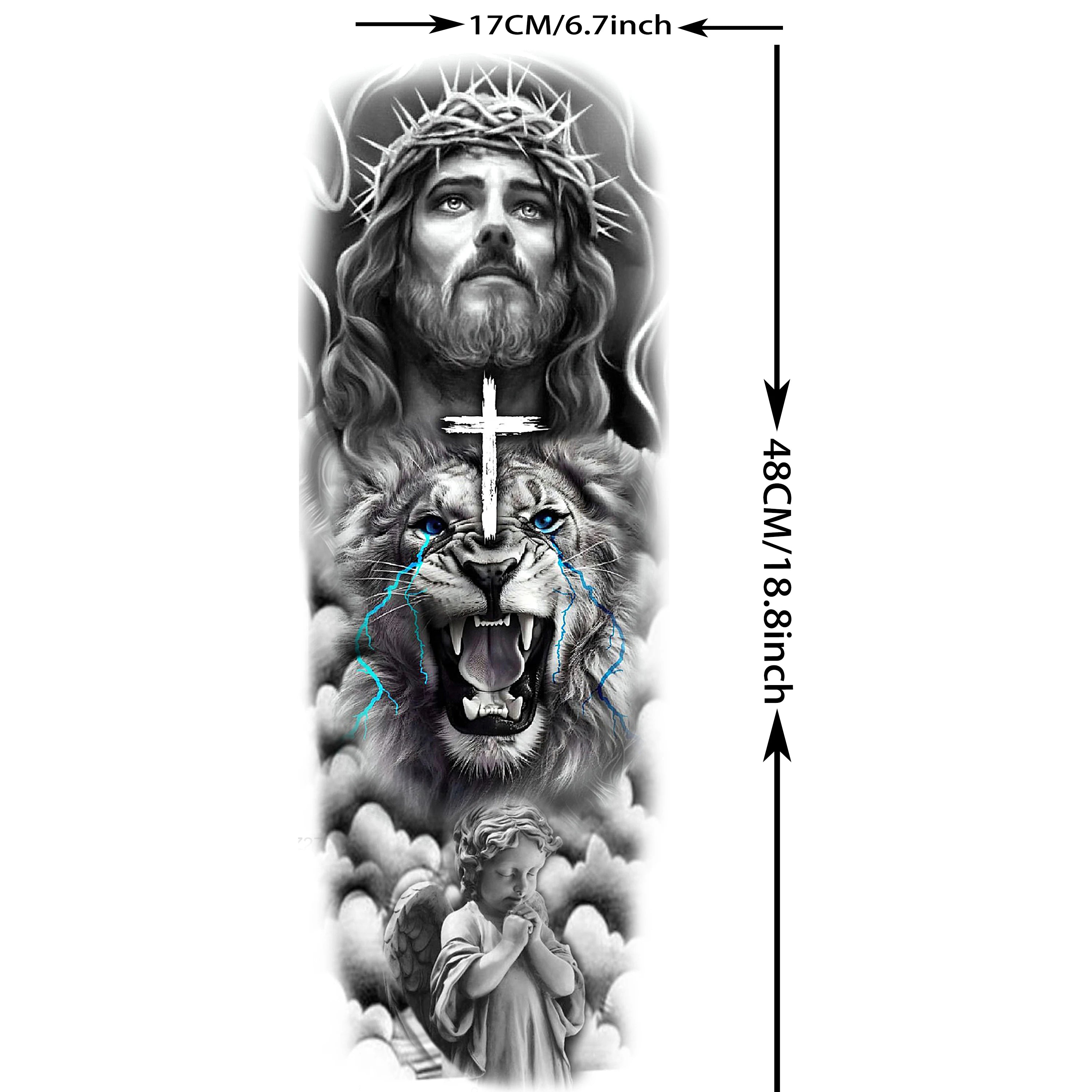 Full Arm or Legs Jesus & Zeus God Temporary Tattoo Sleeve – Large Waterproof Realistic Body Art for  Women
