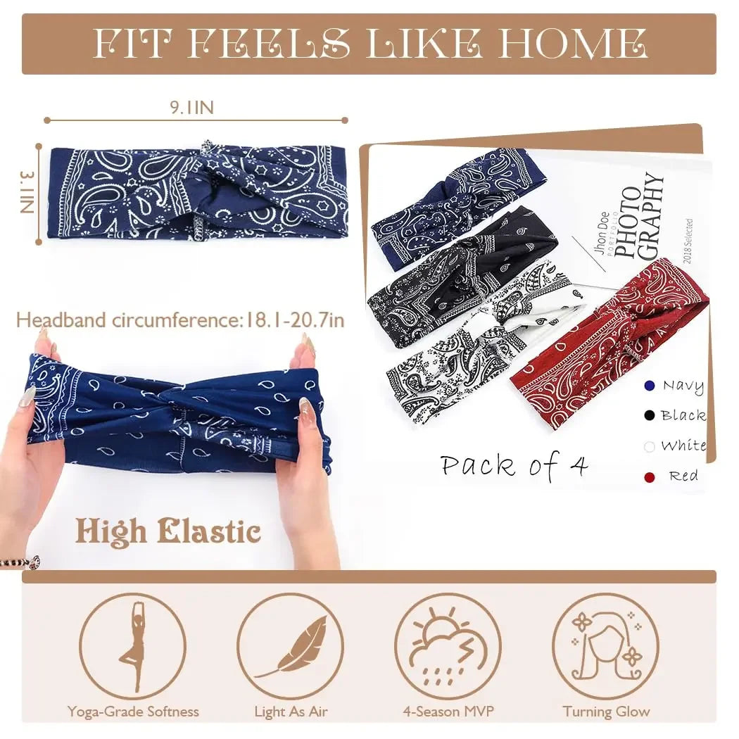 4-Pack No-Slip Knotted Headbands – Stylish Printed Turban Wraps for Yoga, Sports & Everyday Chic