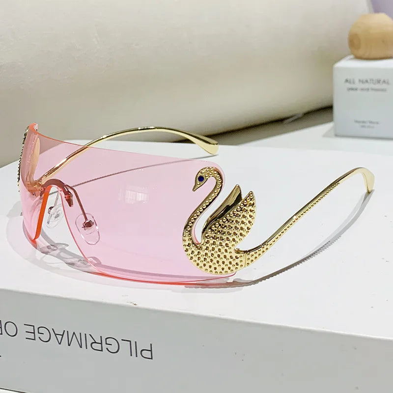 Trendy Y2K Vintage Rimless Sunglasses – Luxury One-Piece Lens Designer Eyewear for Women