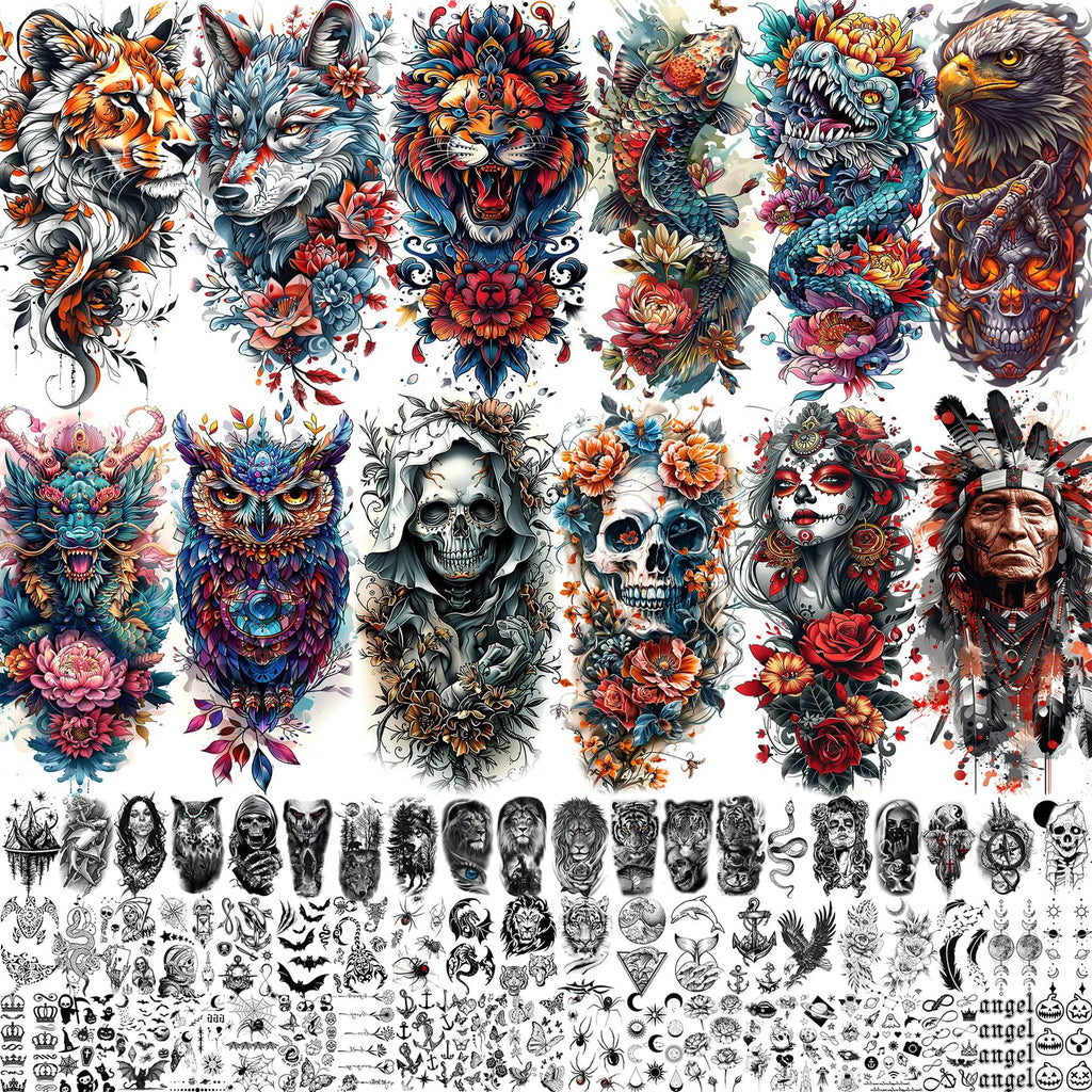 71 Sheets Ultimate Temporary Tattoo Megapack  – Lion, Dragon, Wolf, Flower & Skull Body Art