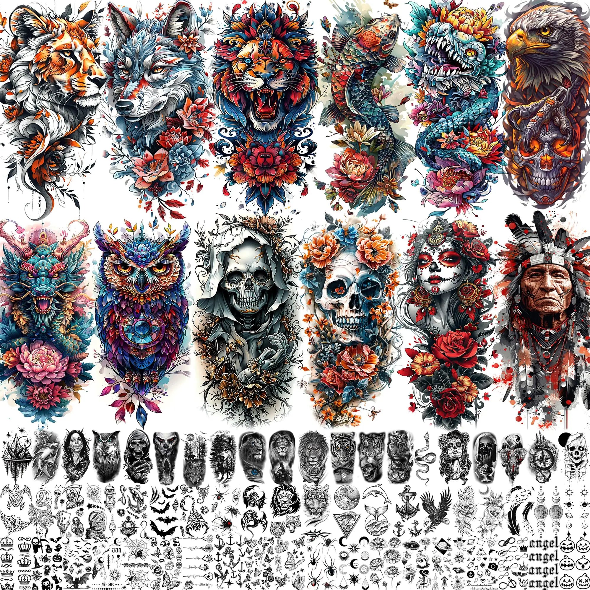71 Sheets Ultimate Temporary Tattoo Megapack  – Lion, Dragon, Wolf, Flower & Skull Body Art