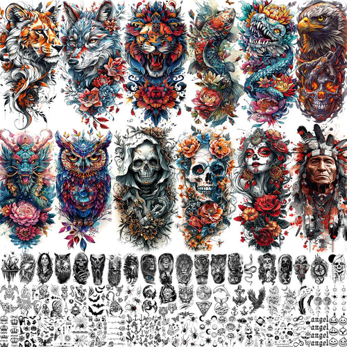 71 Sheets Ultimate Temporary Tattoo Megapack  – Lion, Dragon, Wolf, Flower & Skull Body Art