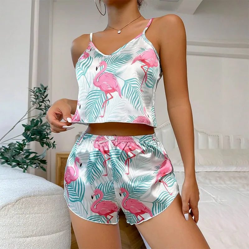 Luxury Satin Heart-Print Pajama Set | Sexy V-Neck Cami & Short Sleepwear