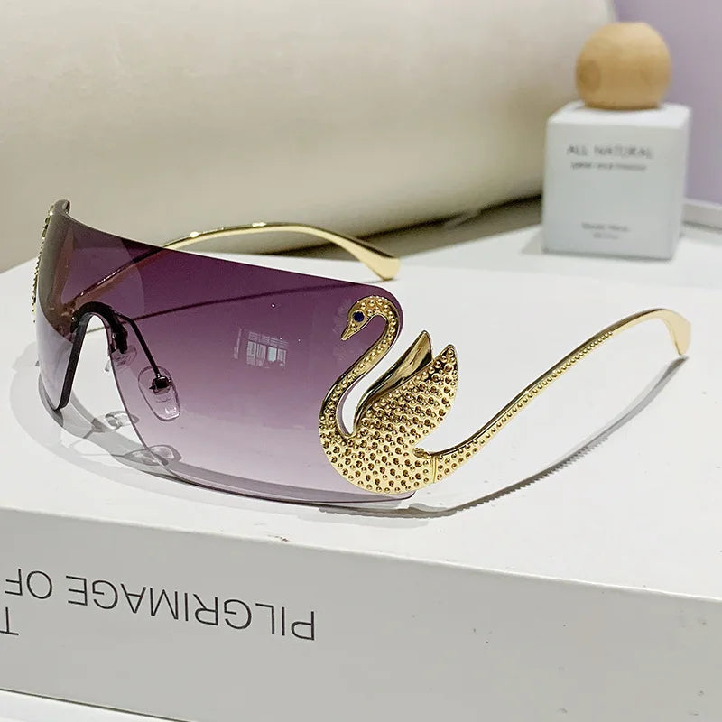 Trendy Y2K Vintage Rimless Sunglasses – Luxury One-Piece Lens Designer Eyewear for Women