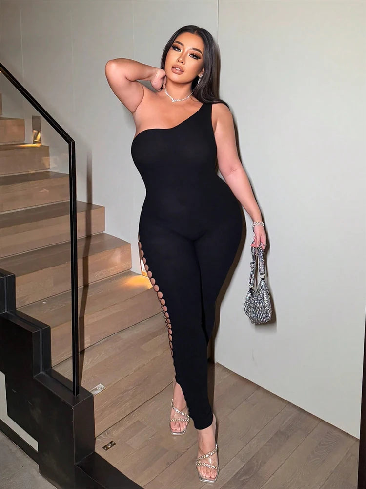 Urban Edge" One-Shoulder Lattice Cutout Jumpsuit