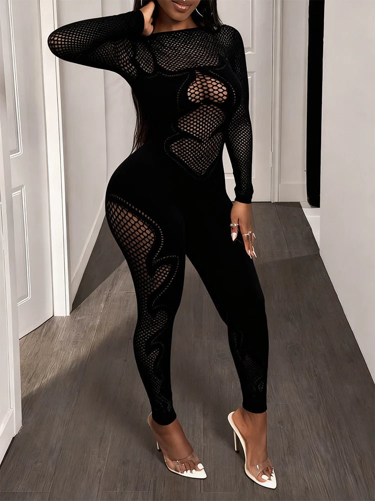 FHSEER  Sexy Jumpsuit Sheer Mesh Long Sleeve Hollow Out Bodycon High-Waist Stretchy Club Party Date Night Out Outfit