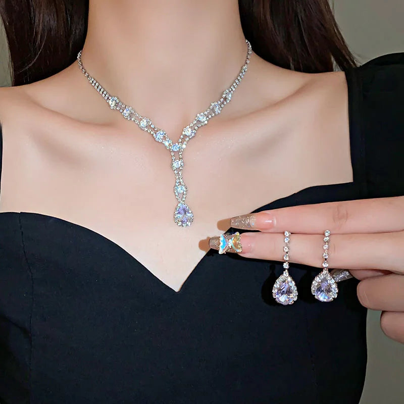 Colorful Rhinestonewater Drop Round Flower Necklaces  Vintage Advanced Collar Chains Aesthetic