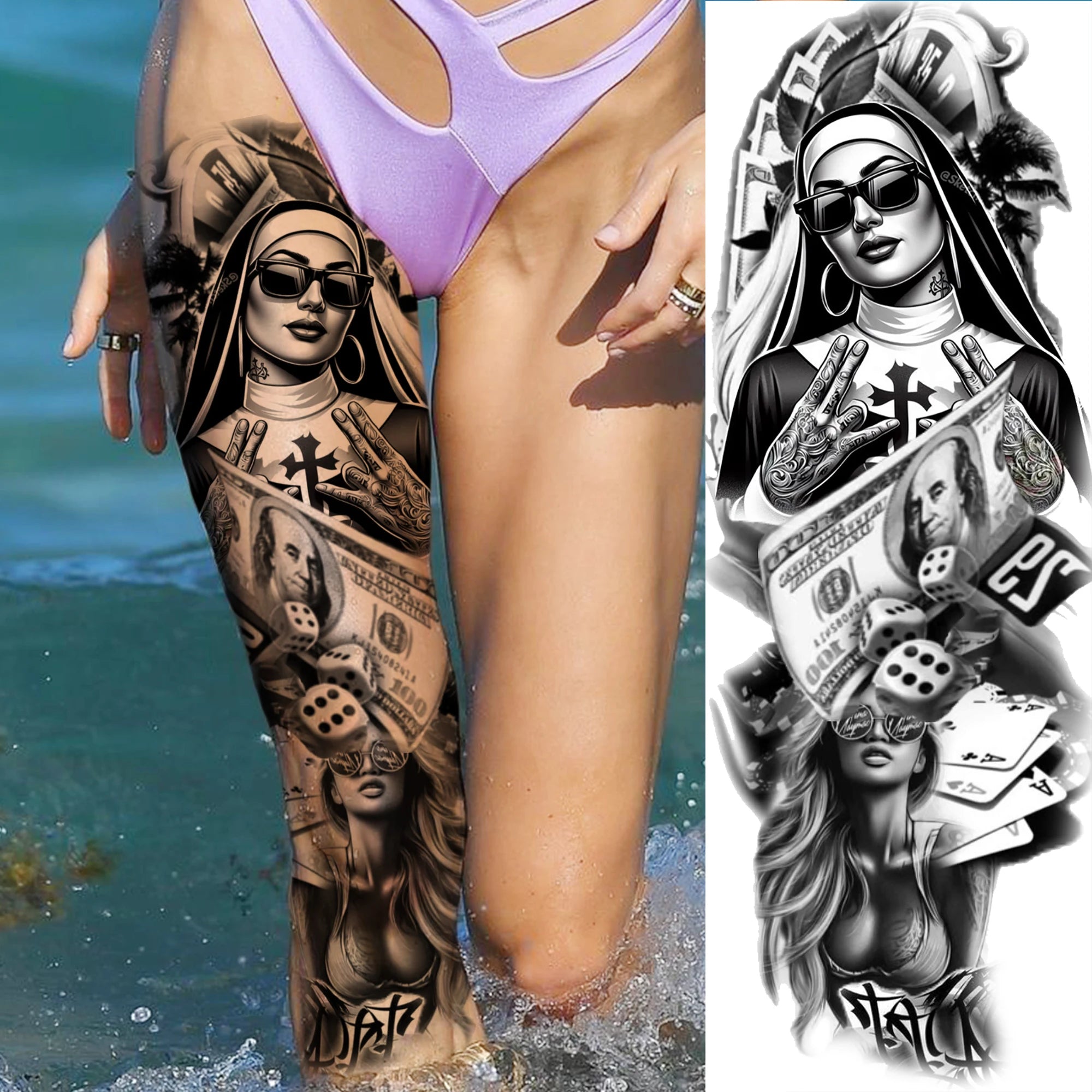 Full Arm or Legs Jesus & Zeus God Temporary Tattoo Sleeve – Large Waterproof Realistic Body Art for  Women