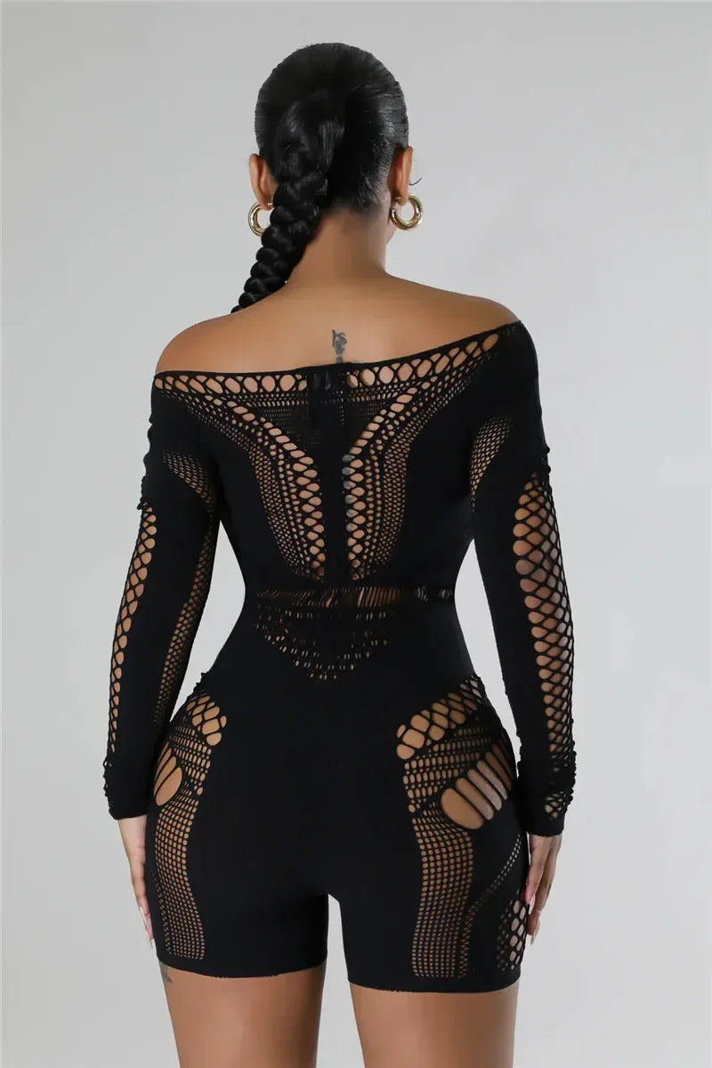 Sexy Black or White Club Outfits Jumpsuit  Long Sleeves Mesmerizing Mesh Hollow Stretch Short Rompers