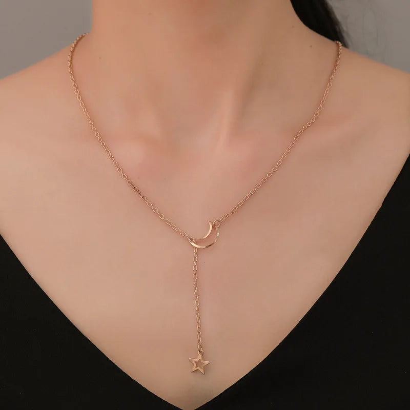 Celestial Crescent Lariat Necklace