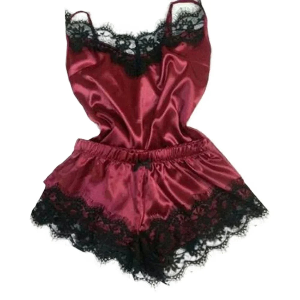 Luxury Satin Lingerie Sleepwear Set – Sexy Lace Trim Cami and Ruffle Shorts Nightwear