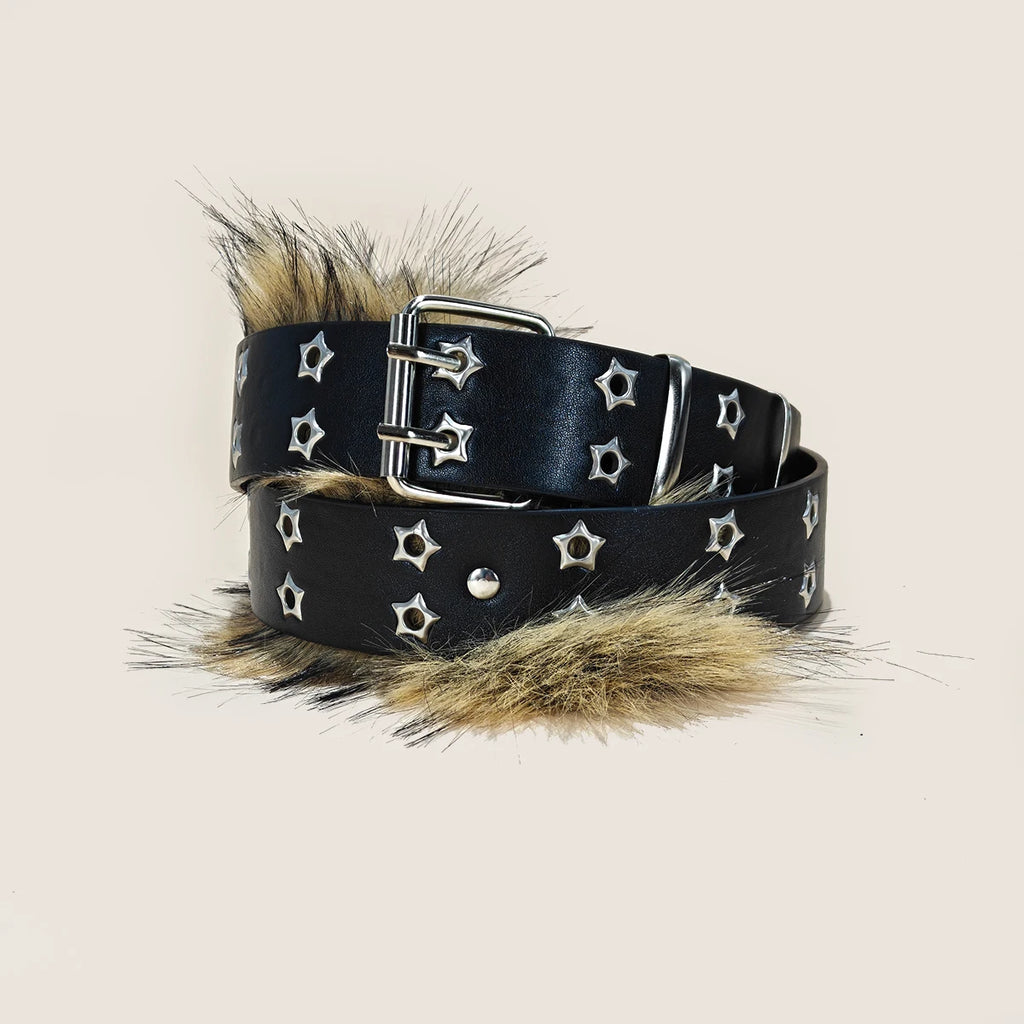 Bohemian Faux-Fur & Grommet Statement Belt – Textured Street-Style Accessory