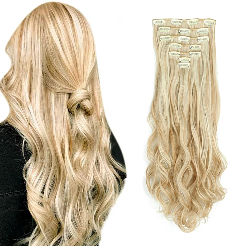 7PCS Clip-In Hair Extensions – 22 Inch Long Curly Wavy Synthetic Hair Pieces