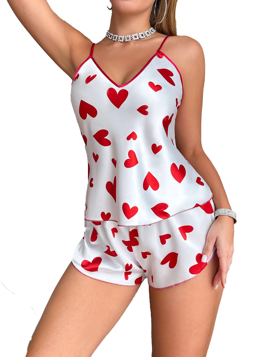 Women’s Heart Print V-Neck Pajama Set – 2-Piece Sexy Fashion Sleepwear