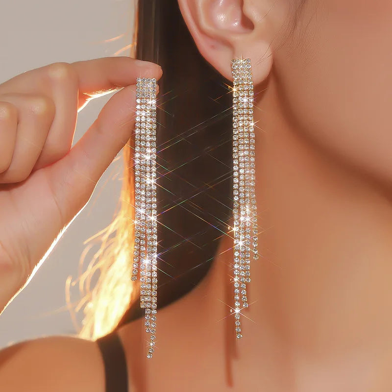 Glamorous Crystal Tassel Dangles  4 Lines Long Rhinestone Evening Earrings