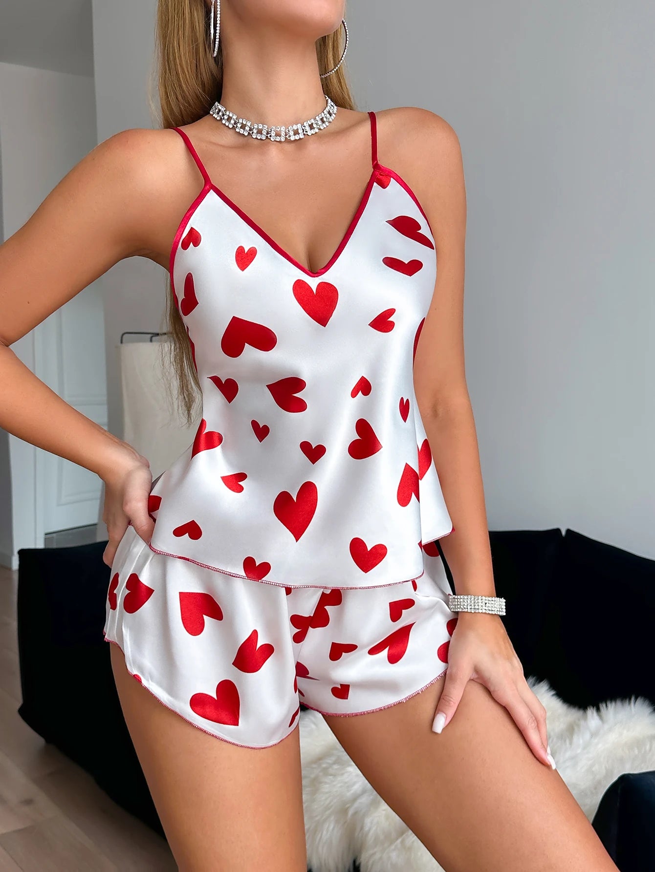 Women’s Heart Print V-Neck Pajama Set – 2-Piece Sexy Fashion Sleepwear