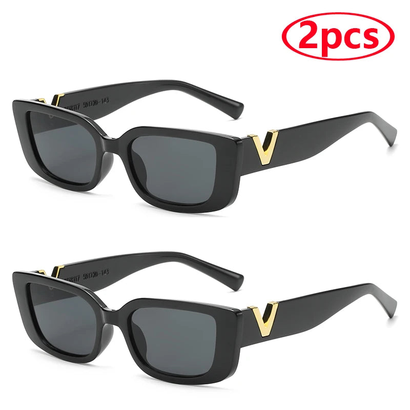 Luxury Urban Chic Rectangular Sunglasses with Gold "V" Detail