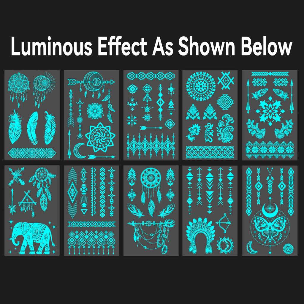 10 Sheets Glow in the Dark Tattoos – Women’s Festival Accessories, Rave Party Body Art, Boho Style Luminous Temporary Stickers