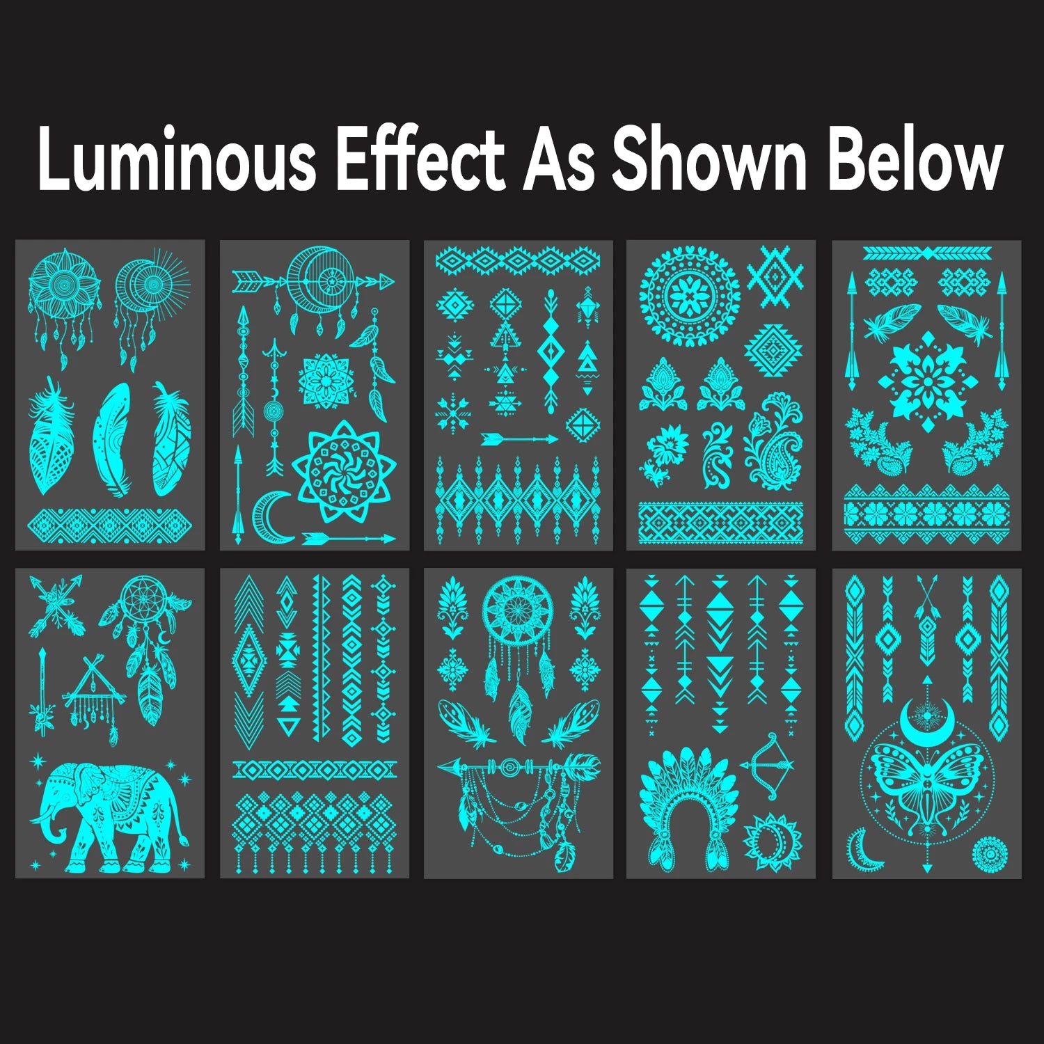 10 Sheets Glow in the Dark Tattoos – Women’s Festival Accessories, Rave Party Body Art, Boho Style Luminous Temporary Stickers