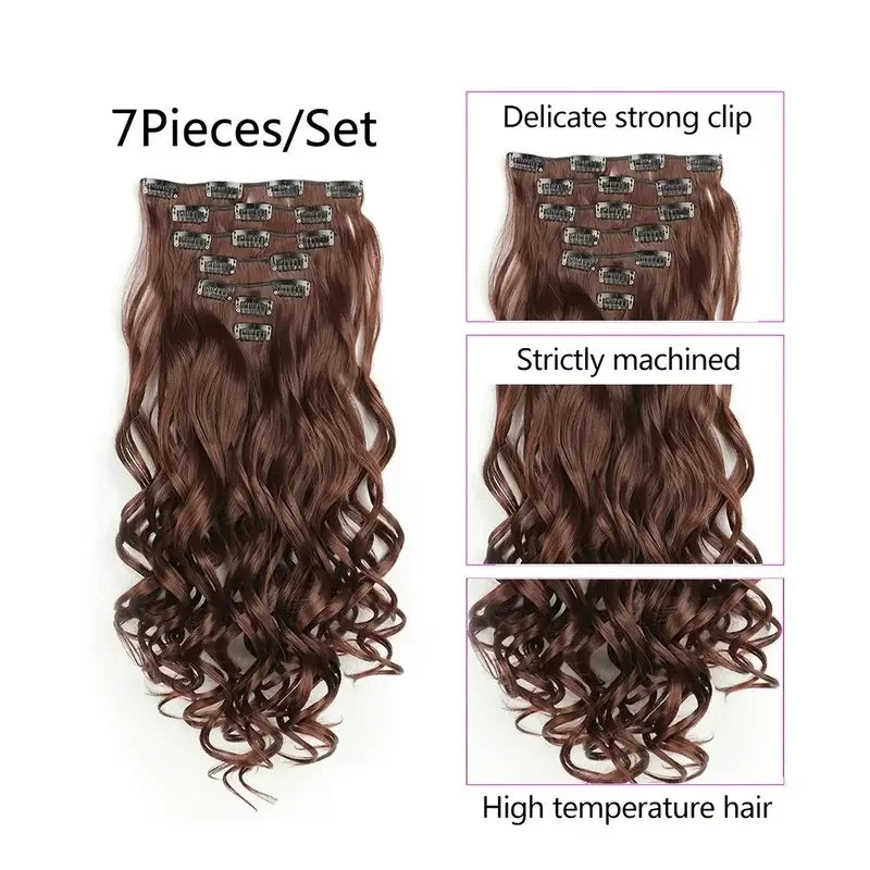 7PCS Clip-In Hair Extensions – 22 Inch Long Curly Wavy Synthetic Hair Pieces
