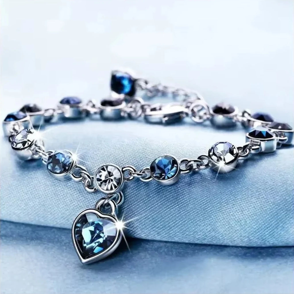 Luxury Silver Plated Heart Pendant Bracelet – Deep Blue Cubic Zirconia Crystal Link Jewelry for Women