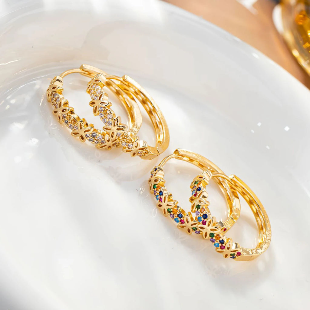 Signature Floral Zircon Hoops – Vibrant Luxury Statement Earrings Rainbow Flower Zircon Stone