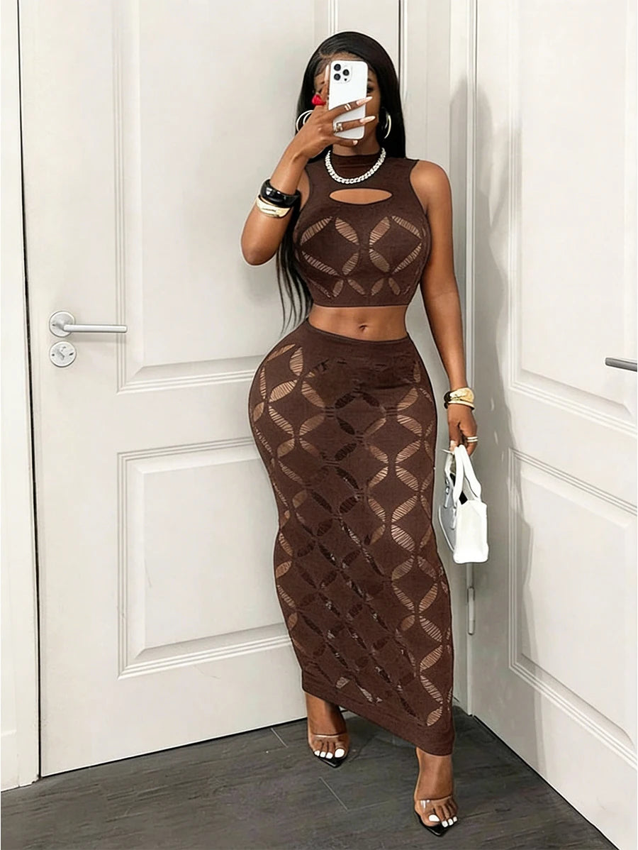 Modern Silhouette Diamond-Cutout Maxi Set – Chic Two-Piece Lounge Ensemble Stretechy Clubwear