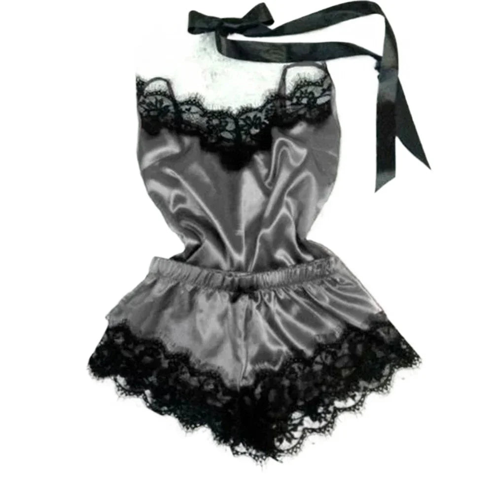Luxury Satin Lingerie Sleepwear Set – Sexy Lace Trim Cami and Ruffle Shorts Nightwear