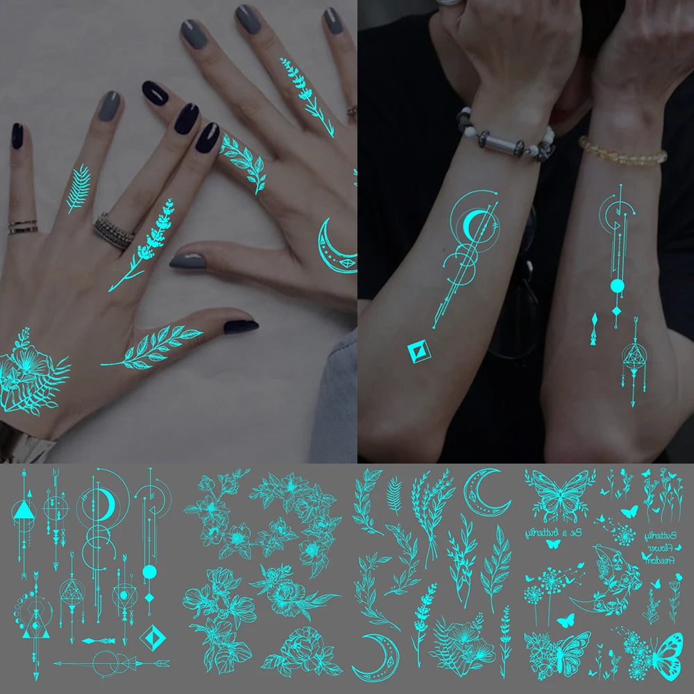 Glow-in-the-Dark Temporary Tattoo Sticker  4pcs Set – Waterproof Geometric Butterfly & Flower Designs