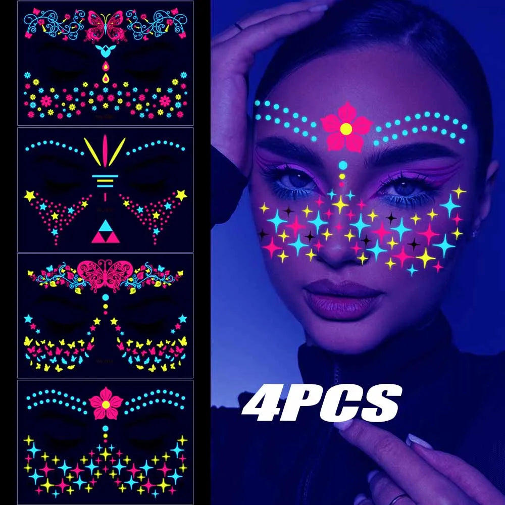12/24pc Neon UV Glow Tattoos – Fluorescent Body & Face Stickers for Rave Parties, Music Festivals, and Nightclub Glam